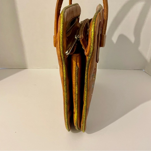 Vintage Mexican Leather Tooled Boho Purse Brightly Painted Flowers Lacing 70’s - Picture 12 of 16